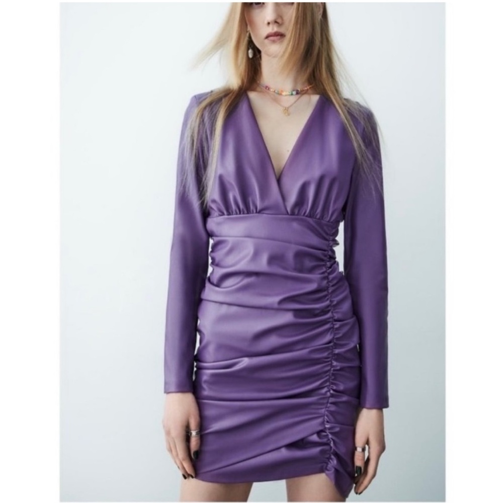 ZARA V- Neck Faux Leather Dress with Ruching Detail Purple